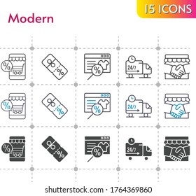 modern icon set. included online shop, handshake, discount, delivery truck icons on white background. linear, bicolor, filled styles.