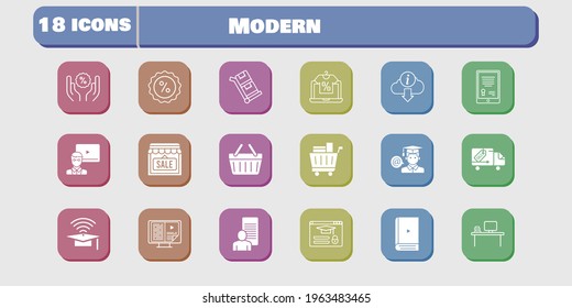 modern icon set. included study, shop, student, discount, shopping-basket, delivery truck, login, trolley, online shop, tablet icons on white background. linear, filled styles.