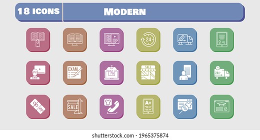 modern icon set. included study, shop, discount, delivery truck, login, exam, online shop, tablet, sale, ereader, 24-hours icons on white background. linear, filled styles.