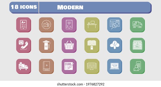 modern icon set. included study, shop, smartphone, like, shopping-basket, delivery truck, exam, tablet, online shop, ereader icons on white background. linear, filled styles.