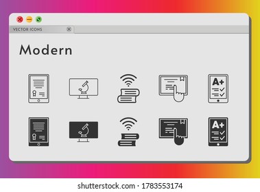moderner Symbolsatz. beinhaltet Tablet, e-Reader, Buch, Touchscreen, Mikroskop-Symbole auf weißem Hintergrund. lineare, gefüllte Stile.