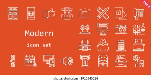 modern icon set. line icon style. modern related icons such as calendar, hangar, smartphone, bookshelf, like, printer, sound, archive, monitor, telephone, pencil, photo camera, building, flower