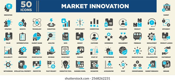 A modern icon set themed around market innovation, featuring symbols for strategy, growth, technology, disruption, branding, consumer trends, data, funding, startups, and cutting-edge business tools.
