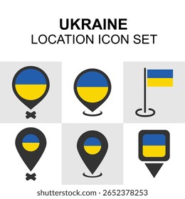 Modern icon set with Ukrainian flags in multiple pin styles ideal for travel guides, maps, and navigation tools.
