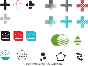 Un moderno sistema de iconos construido alrededor del símbolo plus, explorando variaciones en forma, patrón y color.
El conjunto combina motivos médicos, científicos y inspirados en el cuidado de la piel con una geometría limpia, lo que lo hace adecuado para la marca de atención médica, empaques cosméticos, infografías y diseño de interfaz de usuario.