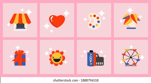 Modern icons for Instagram story highlights. Playful, cartoony Instagram story Highlights. Modern pink stickers. Isolated vector elements for Web and print. Collection of illustrated elements. 