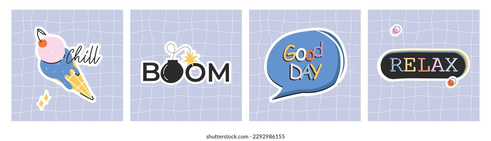 Modern icons for Instagram story highlights. Playful, cartoony Instagram story Highlights. Posters for social networks. Isolated vector elements for Web and print. Instagram feed design retro elements