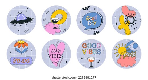 Modern icons for Instagram story highlights. Playful, cartoony Instagram story Highlights. Modern pink stickers. Isolated vector elements for Web and print. Instagram feed design retro elements.