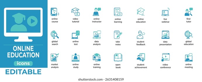 Modern icons for online learning, e-courses, webinars, and education
