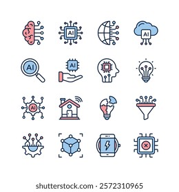 Modern icons representing various aspects of artificial intelligence, perfect for websites, presentations