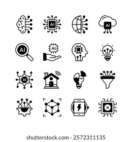 Modern icons representing various aspects of artificial intelligence, perfect for websites, presentations