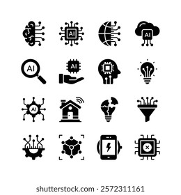 Modern icons representing various aspects of artificial intelligence, perfect for websites, presentations