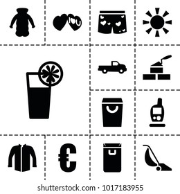 Modern icons. set of 13 editable filled modern icons such as car, jacket, overcoat, euro, shopping bag, i love you, underwear with heart, cocktail, sun, brick wall