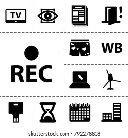 Modern icons. set of 13 editable filled modern icons such as tv, underwear with heart, newspaper, building, rec, wb, door warning, camera, eye scan, hourglass, helicopter