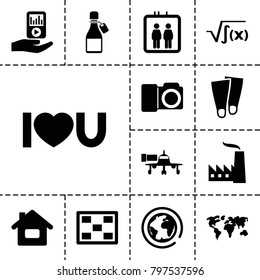 Modern icons. set of 13 editable filled modern icons such as elevator, home, planet, i love you, mp3 player on hand, photo, factory, jetway, world map, square root, flippers