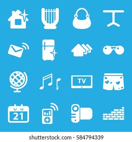 modern icons set. Set of 16 modern filled icons such as house, clean house, clean fridge, bag, table, underwear with heart, camera, note, globe, calendar, brick wall