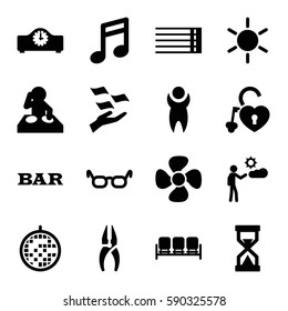 modern icons set. Set of 16 modern filled icons such as sofa, sun, Bar, money on hand, nippers, fan, heart lock, man, guitar strings, disco ball, hourglass, clock, dj, glasses