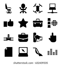 Modern icons set. set of 16 modern filled icons such as barber chair, vacuum cleaner, case, toolbox, middle finger, volume, laptop, equalizer, axle with propeller, star