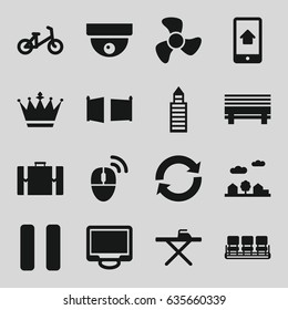 Modern icons set. set of 16 modern filled icons such as child bicycle, chair, crown, building, ironing table, display, pause, city landscape, home on phone display, fan, gate