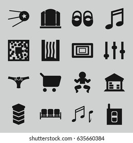 Modern icons set. set of 16 modern filled icons such as sofa, baby shoes, gate, cargo barn, panties with heart, note, photo, intercom, heating system, building, star