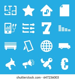 Modern icons set. set of 16 modern filled icons such as 7 number, equalizer, volume, mp3 player, photo, home lock, plan, megaphone, satellite, star, bus, euro, globe, paper
