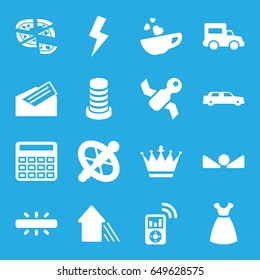 Modern icons set. set of 16 modern filled icons such as dress, crown, calculator, pizza, cup with heart, letter, arrow up, camera, flash, building, truck, mp3 player, car
