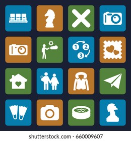 Modern icons set. set of 16 modern filled icons such as chair, overcoat, photo with heart, man, cross, jacuzzi, camera, chess horse, 1 2 3, paper plane, flippers