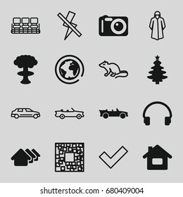 Modern icons set. set of 16 modern filled and outline icons such as house, headset, cabriolet, camera, planet, nuclear explosion, mouse, chair, overcoat, car, no flash, home