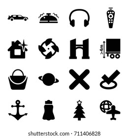 Modern icons set. set of 16 modern filled icons such as bridge, woman bag, car, clean house, skirt, christmas tree, globe and plane, cargo height, remote control, cross