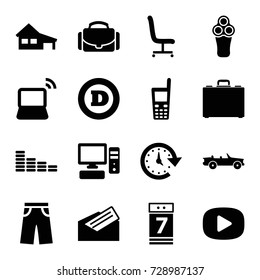 Modern icons set. set of 16 modern filled icons such as house, electric razor, d letter, equalizer, pants, old phone, laptop, calendar 7 date, case, office chair, pc, letter