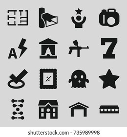 Modern icons set. set of 16 modern filled icons such as garage, barn, 7 number, house, ghost, volume, auto flash, photo, plan, celebrity, dna, paintball, star, stage, camera