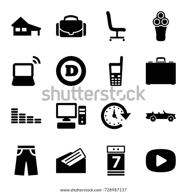 Modern icons set.\
set of 16 modern filled icons such as house, electric razor, d\
letter, equalizer, pants, old phone, laptop, calendar 7 date, case,\
office chair, pc,\
letter