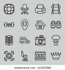 Modern icons set. set of 16 modern outline icons such as bridge, baby shoes, barber chair, crown, printer, fan, globe, truck, calendar, office chair, cube, home, CPU in head