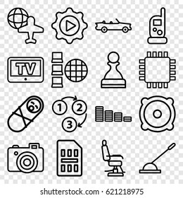 Modern icons set. set of 16 modern outline icons such as TV, baby monitor phone, barber chair, equalizer, globe and plane, camera, arm lever, speaker, play in gear, sim card
