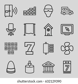 Modern icons set. set of 16 modern outline icons such as building, 7 number, bag, fan, bank, calendar 7 date, studio curtain, intercom, office chair, truck, brick wall