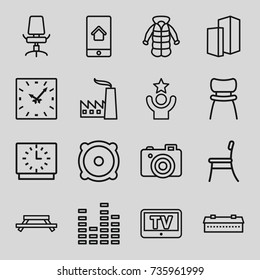 Modern icons set. set of 16 modern outline icons such as tv, barn, overcoat, camera, equalizer, speaker, office chair, chair, building, home on phone display, factory, clock