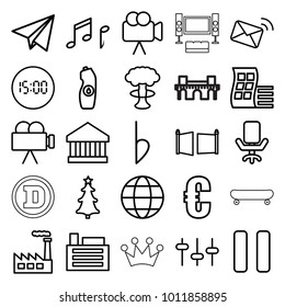 Modern icons. set of 25 editable outline modern icons such as modern curved building, euro, bank, water bottle, nuclear explosion, factory, equalizer, camera, pause, bemol