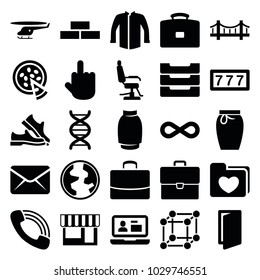 Modern icons. set of 25 editable filled modern icons such as brick wall, door, barber chair, 7 number, jacket, middle finger, case, call, dna, table box, pizza, eternity