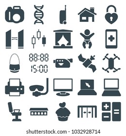 Modern icons. set of 25 editable filled modern icons such as sliding doors, barber chair, printer, calculator, camera, underwater mask, hand on smartphone, control panel
