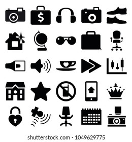 Modern icons. set of 25 editable filled modern icons such as no phone, clean house, man shoe, house, calendar, panel control, cup with heart, heart lock, camera, satellite
