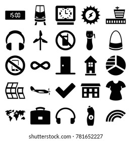 Modern icons. set of 25 editable filled modern icons such as no phone, airport, building, bag, pie chart, water bottle, case, mill, solar energy, headset, tick, eternity, door