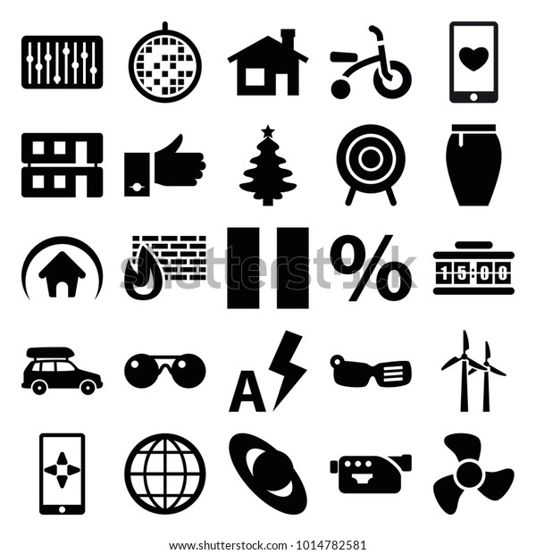Modern icons. set\
of 25 editable filled modern icons such as house building, skirt,\
planet, christmas tree, smart glasses, percent, camera, slider,\
brick wall fire, target