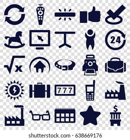 Modern icons set. set of 25 modern filled icons such as horse toy, star, belt, 7 number, factory, table, remote control, old phone, glasses, camera printing photo, camera case
