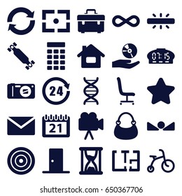 Modern icons set. set of 25 modern filled icons such as child bicycle, star, bag, toolbox, camera, dna, cd on hand, calendar, office chair, eternity, arrow up, plan, door
