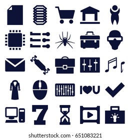 Modern icons set. set of 25 modern filled icons such as spider, 7 number, overcoat, toolbox, i love you, sliders, slider, mouse, note, play, pc, skate board, shopping cart