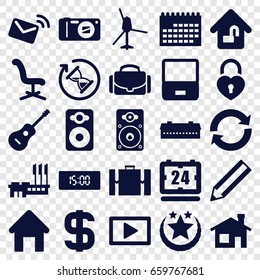 Modern icons set. set of 25 modern filled icons such as barn, house building, office chair, pencil, heart lock, speaker, loudspeaker, guitar, camera, camera case, play