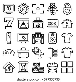 modern icons set. Set of 25 modern outline icons such as modern curved building, barn, 7 number, jacket, T-shirt, overcoat, toolbox, globe and plane, heart lock