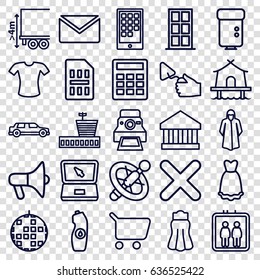 Modern icons set. set of 25 modern outline icons such as elevator, airport, door, overcoat, t-shirt, skirt, trowel, water bottle, cargo height, laptop, cross, dress