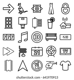 Modern icons set. set of 25 modern outline icons such as no phone, cangaroo, door, 7 number, d letter, t-shirt, jumpsuit, navigation arrow, heart lock, medical helicopter