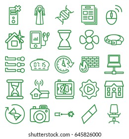 Modern icons set. set of 25 modern outline icons such as belt, clean house, overcoat, house, fan, mp3 player, dna, play in gear, office chair, home signal, time, camera